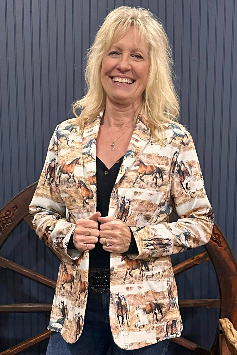 Horse Print Relaxed Fit Blazer-Blazer-Avery-Gallop 'n Glitz- Women's Western Wear Boutique, Located in Grants Pass, Oregon