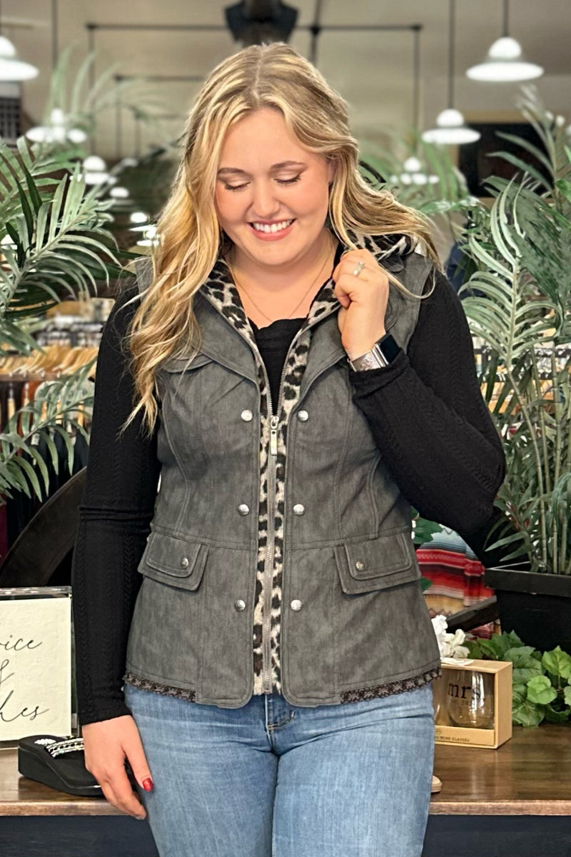 Faux Leather Grey Vest with Wool Inset Hood by Gallop 'n Glitz-Vest-Gallop 'n Glitz-Gallop 'n Glitz- Women's Western Wear Boutique, Located in Grants Pass, Oregon