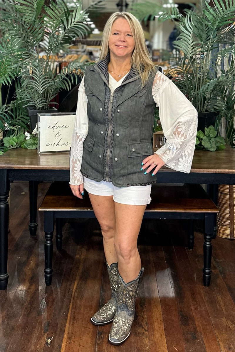 EXCLUSIVE DESIGN Faux Leather Grey Vest by GALLOP 'N GLITZ-Vest-Gallop 'n Glitz-Gallop 'n Glitz- Women's Western Wear Boutique, Located in Grants Pass, Oregon