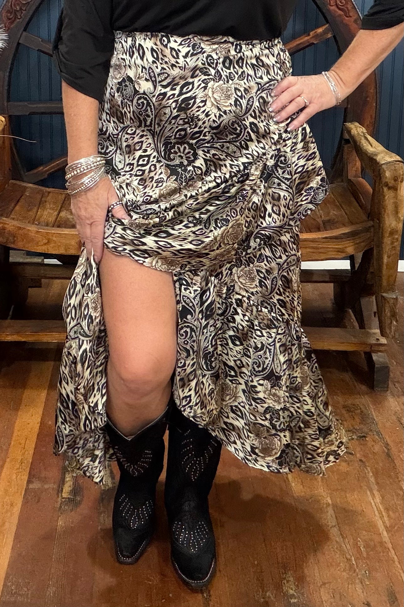 Cream/Black Mixed Print Ruffle Skirt
