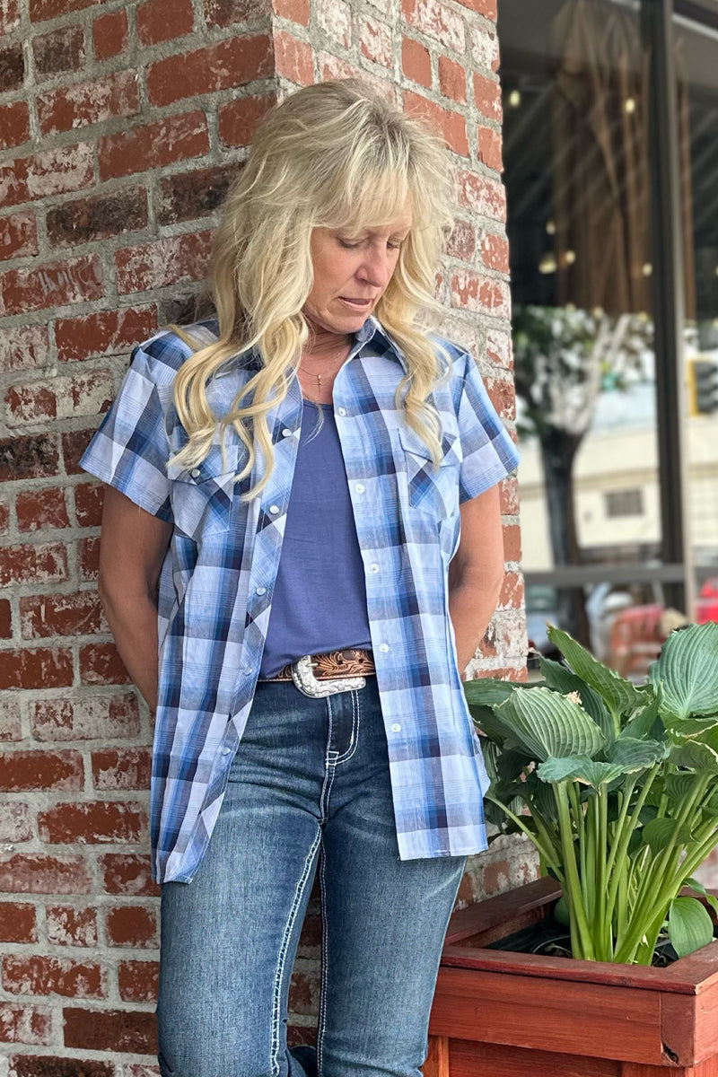 Roper Woman's Blue & White Plaid Button Up-Top-Roper/Stetson-Gallop 'n Glitz- Women's Western Wear Boutique, Located in Grants Pass, Oregon