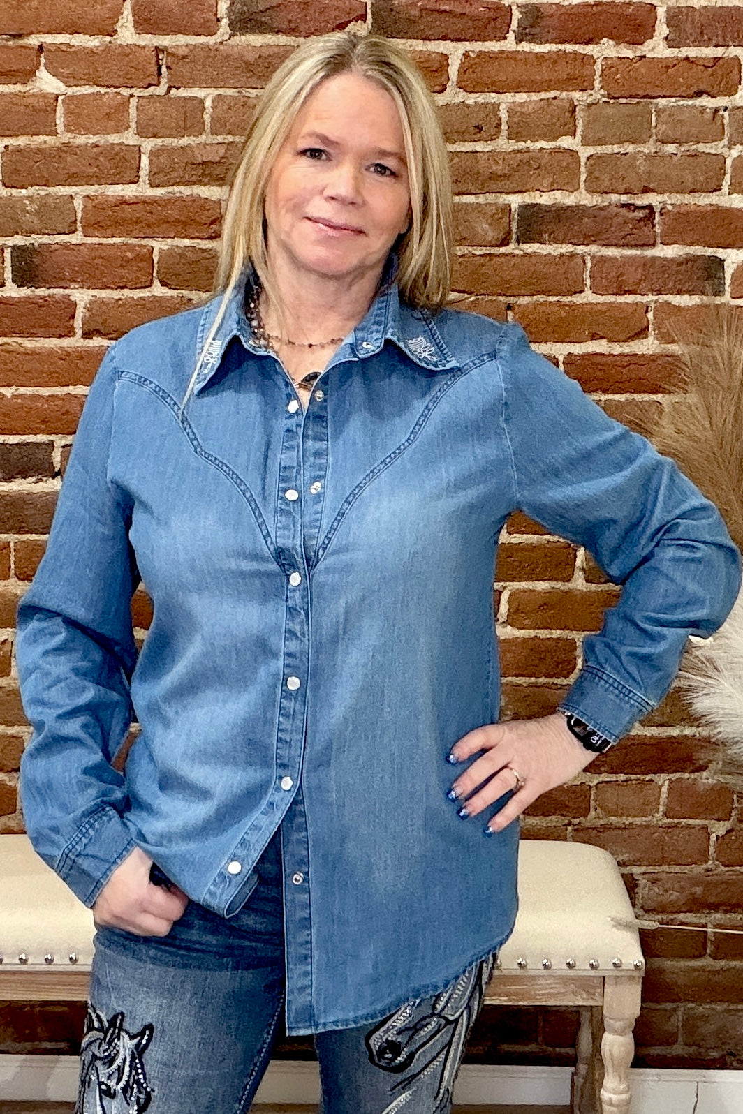 Boot Stitch Embroidered Snap Button Shirt-Top-Rockin A-Gallop 'n Glitz- Women's Western Wear Boutique, Located in Grants Pass, Oregon