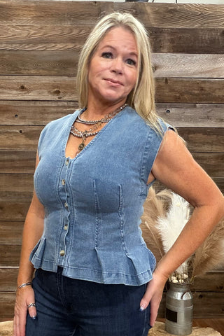 Button Front V-Neck Denim Top-Top-ee:some-Gallop 'n Glitz- Women's Western Wear Boutique, Located in Grants Pass, Oregon