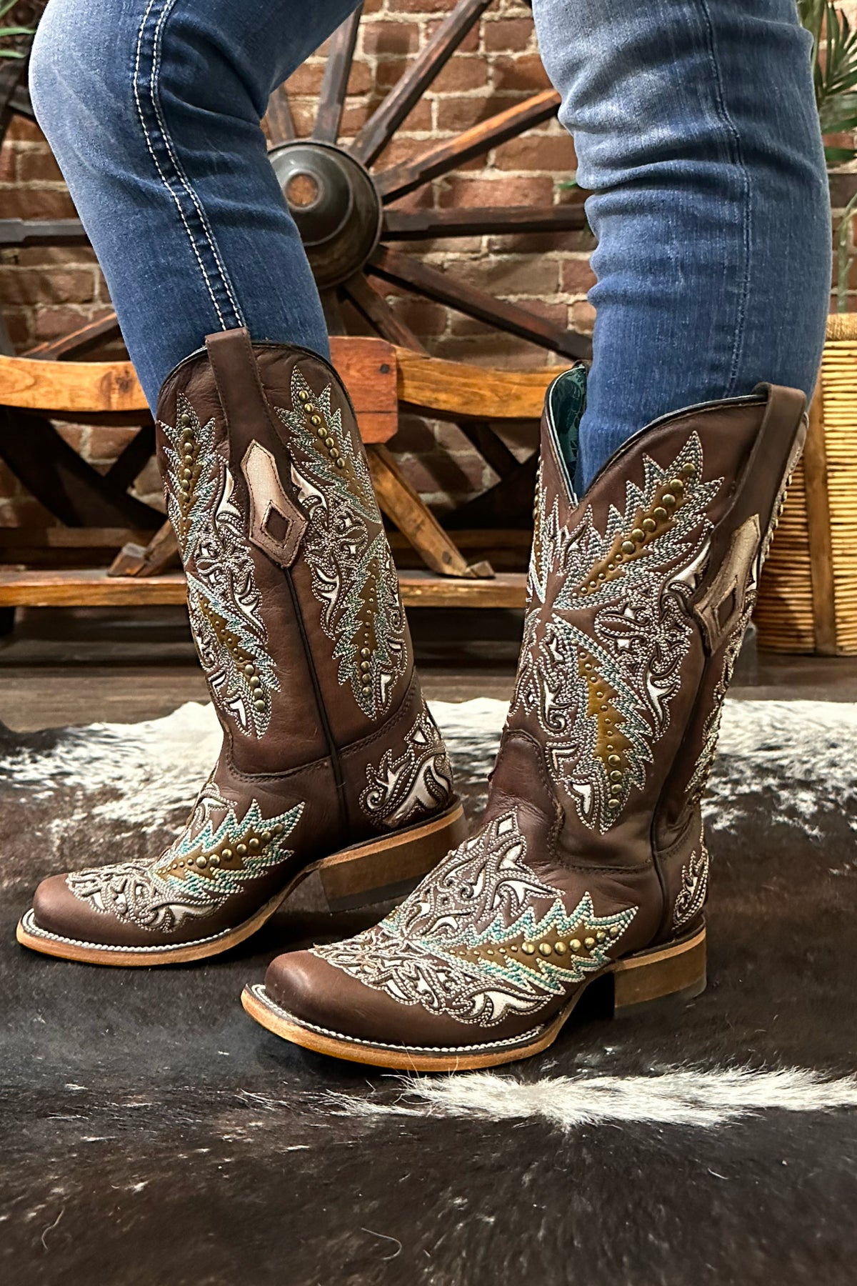 Ladies Brown Embroidered Square Toe Boot with Studs by Corral Boots-Women's Boot-Corral Boots-Gallop 'n Glitz- Women's Western Wear Boutique, Located in Grants Pass, Oregon