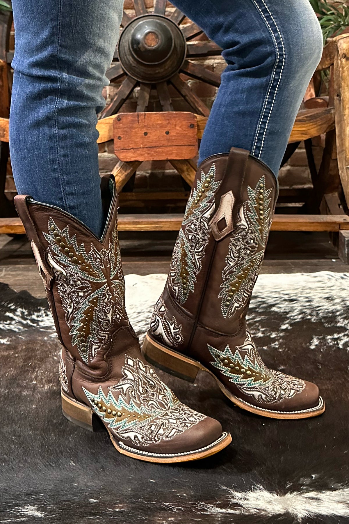 Ladies Brown Embroidered Square Toe Boot with Studs by Corral Boots-Women's Boot-Corral Boots-Gallop 'n Glitz- Women's Western Wear Boutique, Located in Grants Pass, Oregon