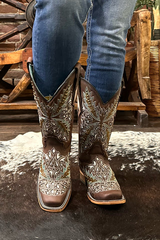Ladies Brown Embroidered Square Toe Boot with Studs by Corral Boots-Women's Boot-Corral Boots-Gallop 'n Glitz- Women's Western Wear Boutique, Located in Grants Pass, Oregon