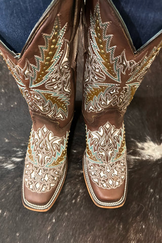 Ladies Brown Embroidered Square Toe Boot with Studs by Corral Boots-Women's Boot-Corral Boots-Gallop 'n Glitz- Women's Western Wear Boutique, Located in Grants Pass, Oregon