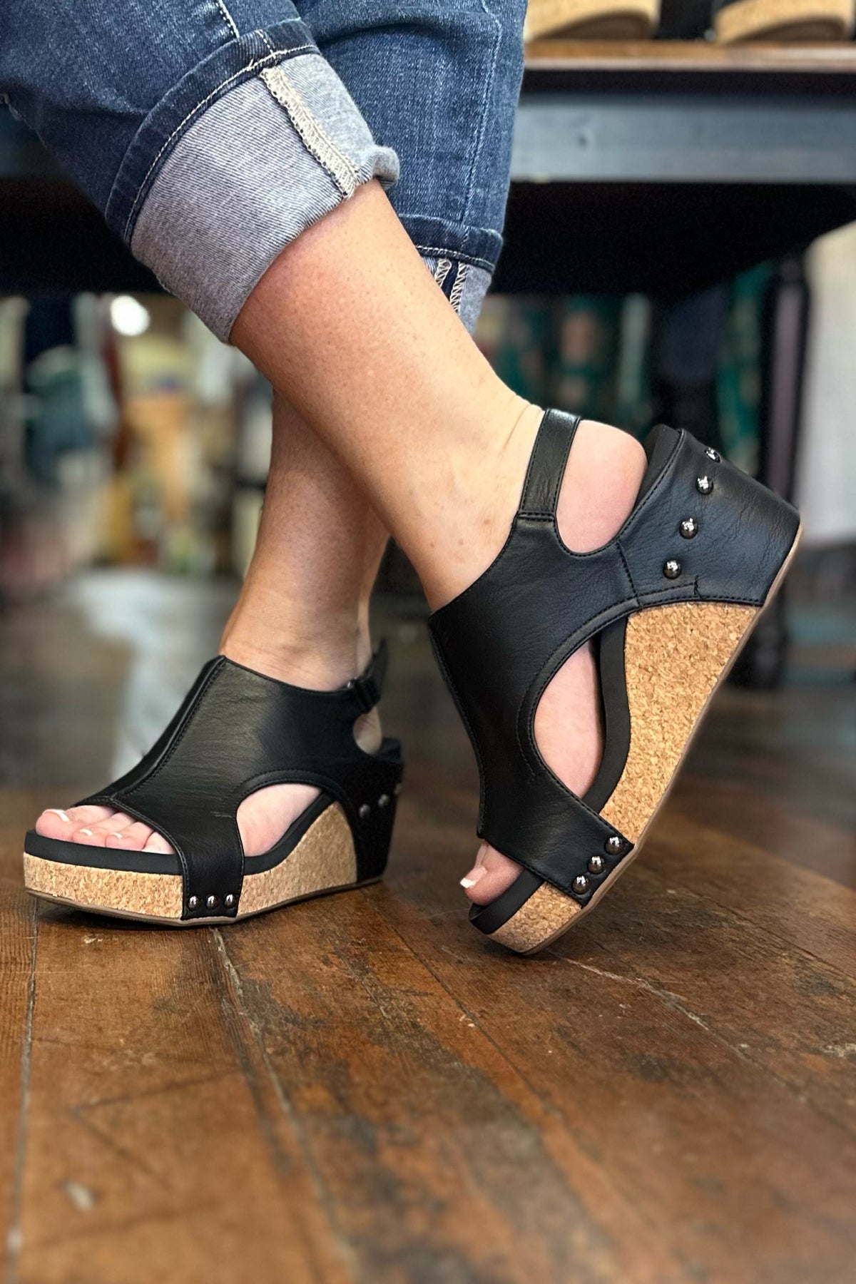 CARLEY By Corkys Black Smooth Wedge-Women's Shoes-Corkys-Gallop 'n Glitz- Women's Western Wear Boutique, Located in Grants Pass, Oregon