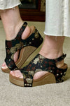 CARLEY By Corkys Black Tan Brocade Floral Wedge-Women's Shoes-Corkys-Gallop 'n Glitz- Women's Western Wear Boutique, Located in Grants Pass, Oregon