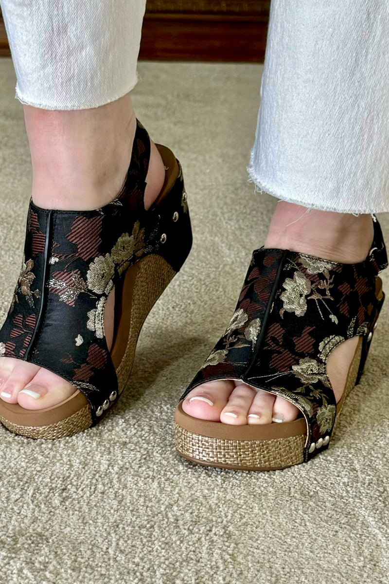 CARLEY By Corkys Black Tan Brocade Floral Wedge-Women's Shoes-Corkys-Gallop 'n Glitz- Women's Western Wear Boutique, Located in Grants Pass, Oregon