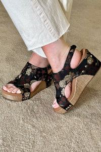 CARLEY By Corkys Black Tan Brocade Floral Wedge-Women's Shoes-Corkys-Gallop 'n Glitz- Women's Western Wear Boutique, Located in Grants Pass, Oregon