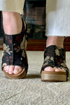 CARLEY By Corkys Black Tan Brocade Floral Wedge-Women's Shoes-Corkys-Gallop 'n Glitz- Women's Western Wear Boutique, Located in Grants Pass, Oregon