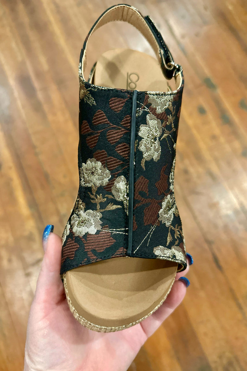 CARLEY By Corkys Black Tan Brocade Floral Wedge-Women's Shoes-Corkys-Gallop 'n Glitz- Women's Western Wear Boutique, Located in Grants Pass, Oregon