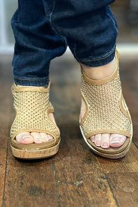 CARLEY By Corkys Caramel Mesh Sparkle Sandal-Women's Shoes-Corkys-Gallop 'n Glitz- Women's Western Wear Boutique, Located in Grants Pass, Oregon