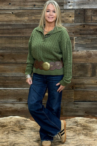 Chenille Cable Knit Sweater by PJ Salvage-Olive-top-PJ Salvage-Gallop 'n Glitz- Women's Western Wear Boutique, Located in Grants Pass, Oregon