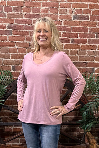 Women's BEST EVER V-Neck Long Sleeve Tee - Pink Rose-top-Sanmar-Gallop 'n Glitz- Women's Western Wear Boutique, Located in Grants Pass, Oregon