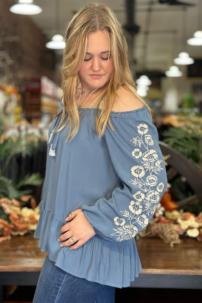 Floral Embroidered Top with Tasseled Tie-top-Lola P-Gallop 'n Glitz- Women's Western Wear Boutique, Located in Grants Pass, Oregon