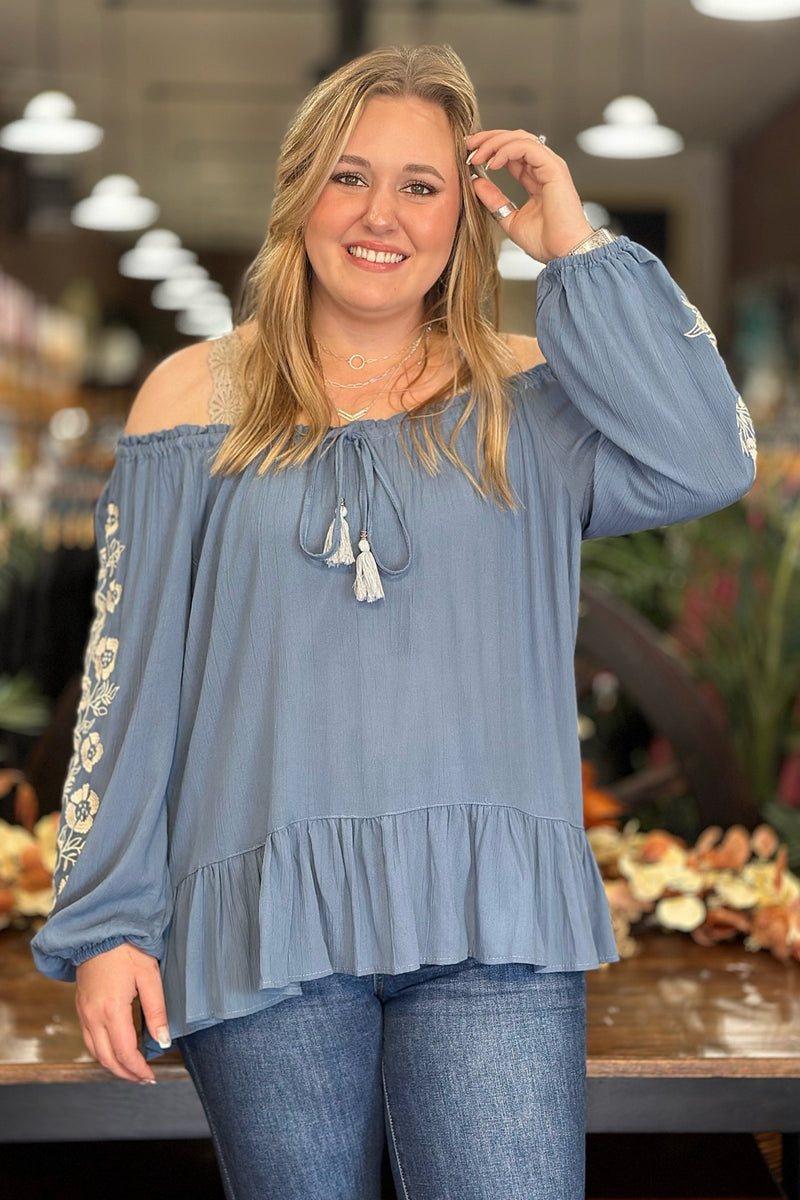 Floral Embroidered Top with Tasseled Tie-top-Lola P-Gallop 'n Glitz- Women's Western Wear Boutique, Located in Grants Pass, Oregon