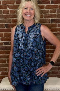 The Wild Rose – Sleeveless Embroidered Blue Top-top-Lola P-Gallop 'n Glitz- Women's Western Wear Boutique, Located in Grants Pass, Oregon