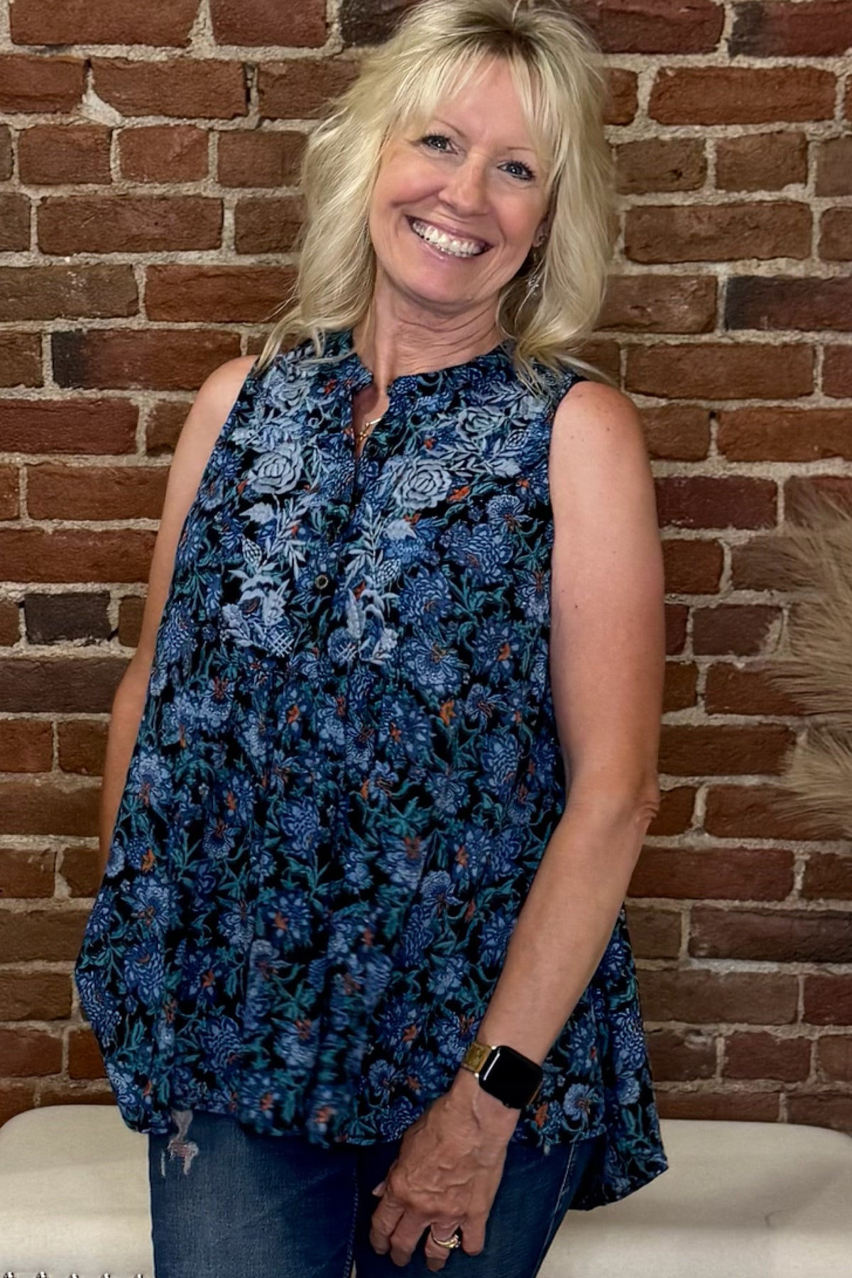 The Wild Rose – Sleeveless Embroidered Blue Top-top-Lola P-Gallop 'n Glitz- Women's Western Wear Boutique, Located in Grants Pass, Oregon