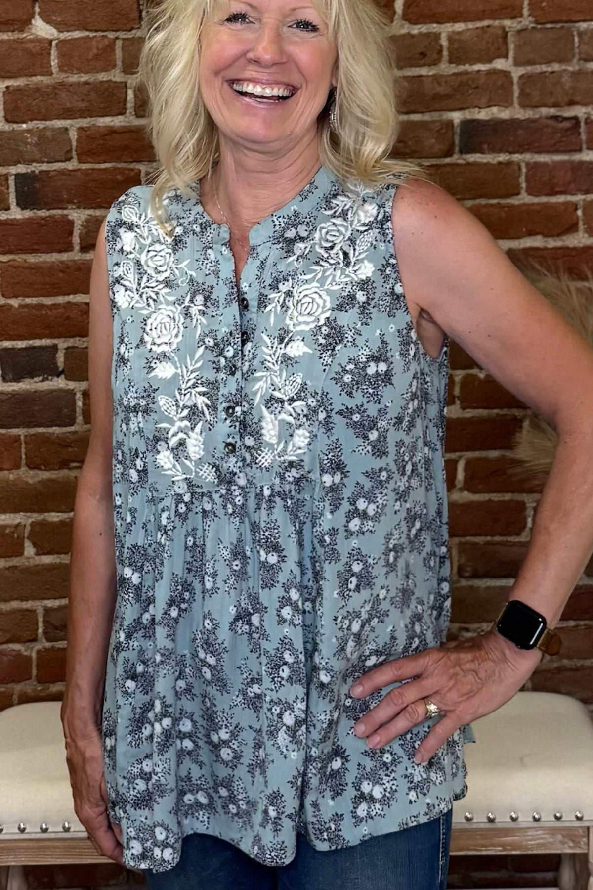 The Bluebell – Sleeveless Embroidered Floral Top-top-Lola P-Gallop 'n Glitz- Women's Western Wear Boutique, Located in Grants Pass, Oregon