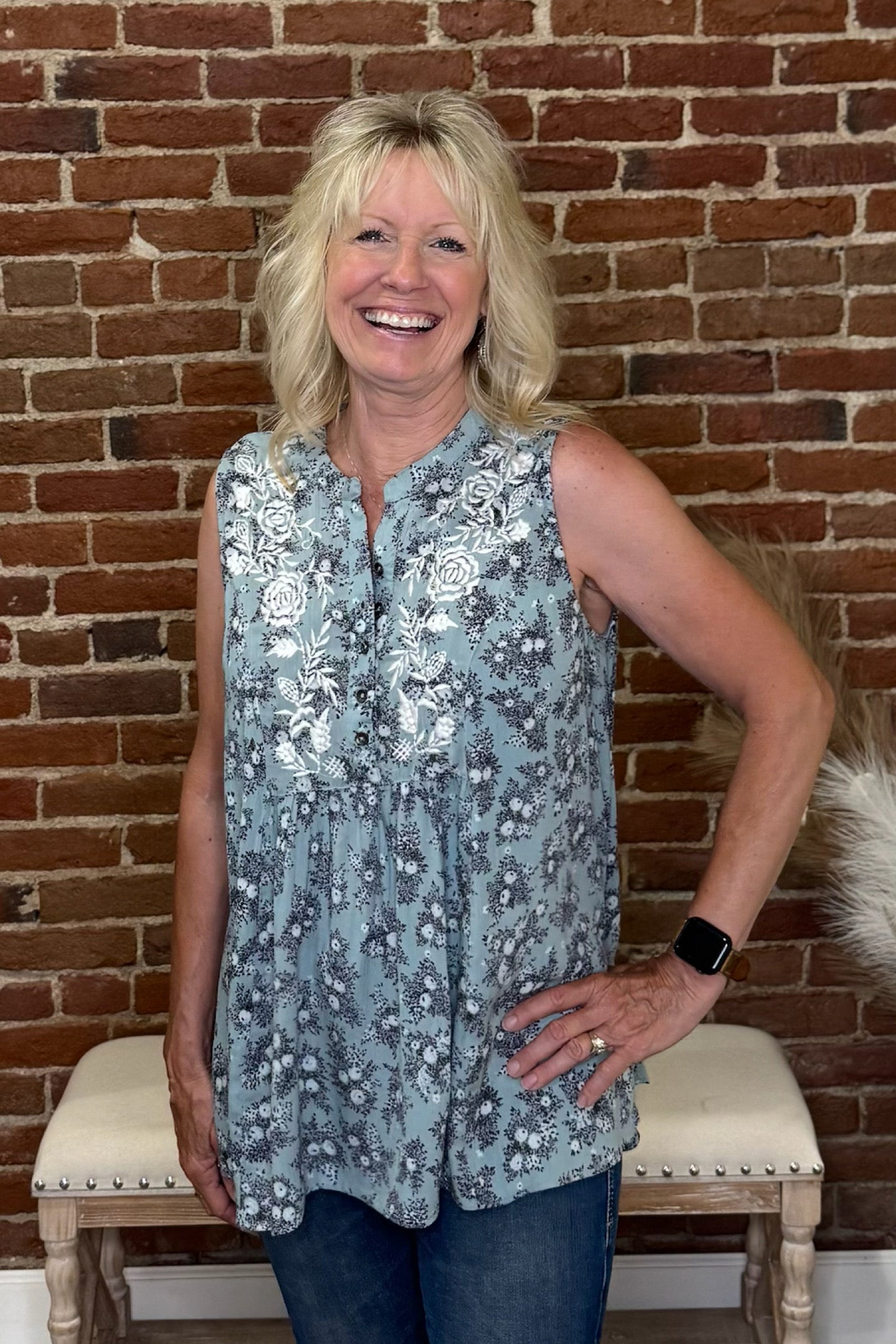 The Bluebell – Sleeveless Embroidered Floral Top-top-Lola P-Gallop 'n Glitz- Women's Western Wear Boutique, Located in Grants Pass, Oregon