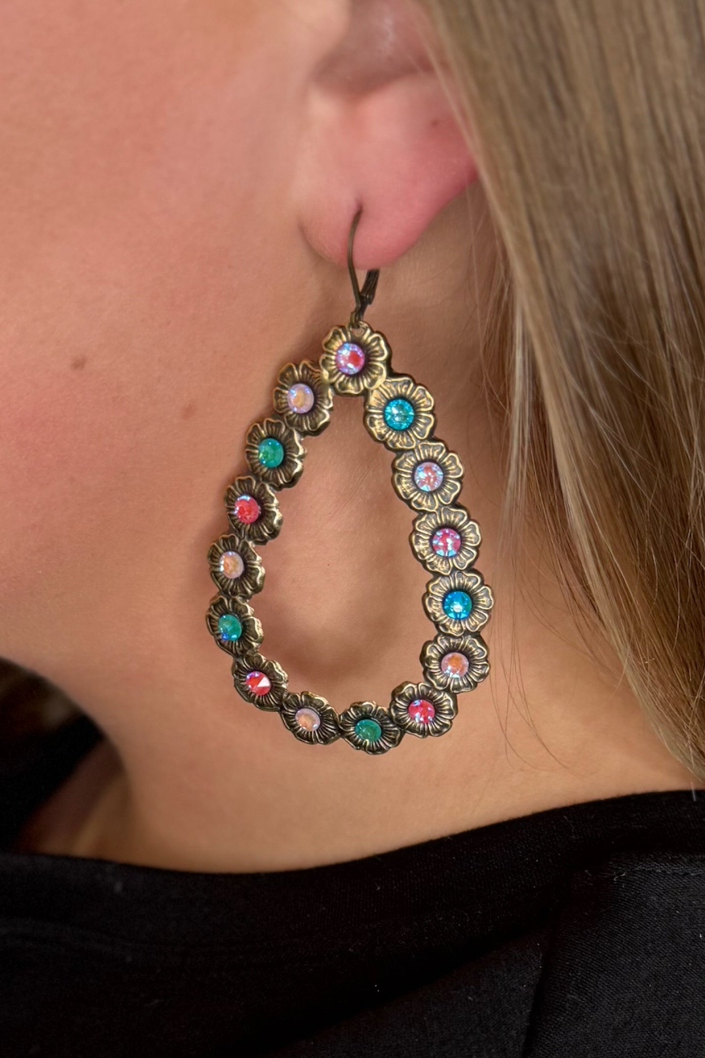 Multi Color Austrian Crystal Tear Drop Earring-Jewelry-Pink Panache-Gallop 'n Glitz- Women's Western Wear Boutique, Located in Grants Pass, Oregon
