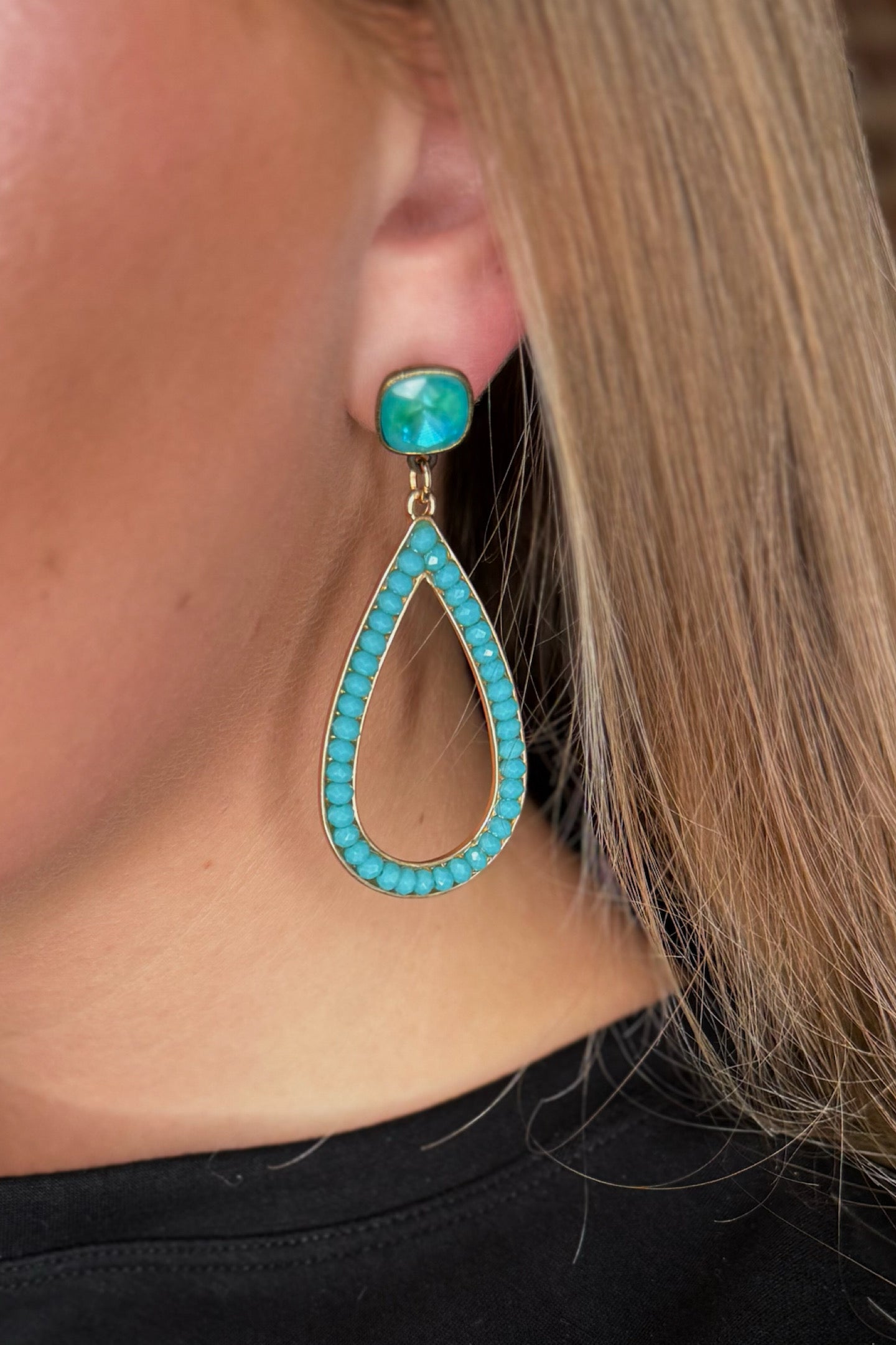 Gold/Turquoise Crystal Teardrop Earring-Jewelry-Pink Panache-Gallop 'n Glitz- Women's Western Wear Boutique, Located in Grants Pass, Oregon