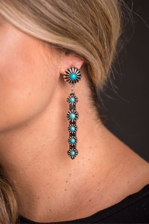 Turquoise Silver Concho Earrings-Jewelry-West & Co-Gallop 'n Glitz- Women's Western Wear Boutique, Located in Grants Pass, Oregon