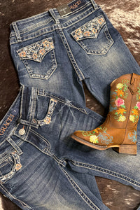 Girls Floral and Crystal Faux Flap Design Bootcut Jean by Grace in LA-Kids-Grace in LA-Gallop 'n Glitz- Women's Western Wear Boutique, Located in Grants Pass, Oregon