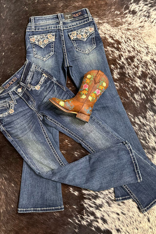 Girls Floral and Crystal Faux Flap Design Bootcut Jean by Grace in LA-Kids Bootcut-Grace in LA-Gallop 'n Glitz- Women's Western Wear Boutique, Located in Grants Pass, Oregon