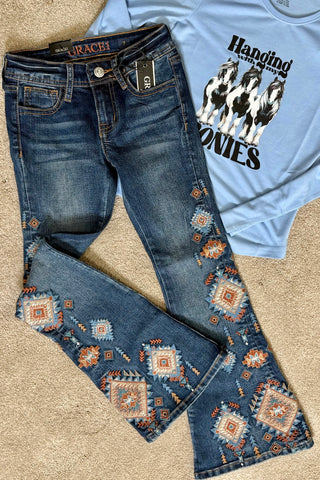 Grace in LA Girls High Rise Embroidered Aztec Flare Jean-Girls Flare-Grace in LA-Gallop 'n Glitz- Women's Western Wear Boutique, Located in Grants Pass, Oregon
