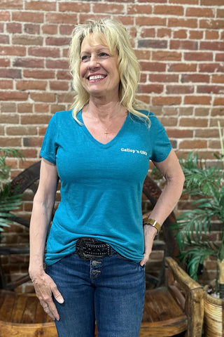 Gallop 'n Glitz V-Neck Tee - Teal-top-Sanmar-Gallop 'n Glitz- Women's Western Wear Boutique, Located in Grants Pass, Oregon