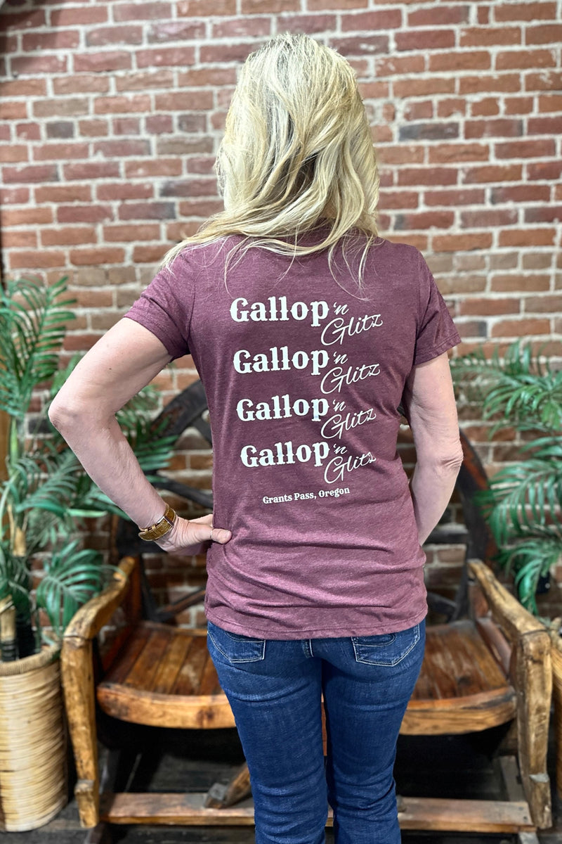 Gallop 'n Glitz V-Neck Tee - Maroon-top-Sanmar-Gallop 'n Glitz- Women's Western Wear Boutique, Located in Grants Pass, Oregon