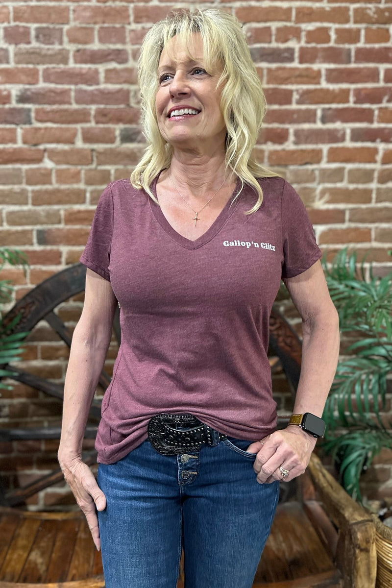 Gallop 'n Glitz V-Neck Tee - Maroon-top-Sanmar-Gallop 'n Glitz- Women's Western Wear Boutique, Located in Grants Pass, Oregon