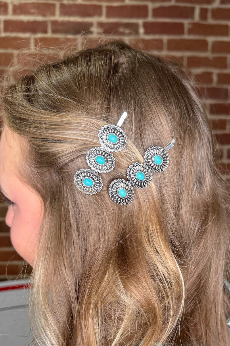 Western Antiqued Silver and Turquoise Hair Pin-Handbags & Accessories-Pink Panache-Gallop 'n Glitz- Women's Western Wear Boutique, Located in Grants Pass, Oregon
