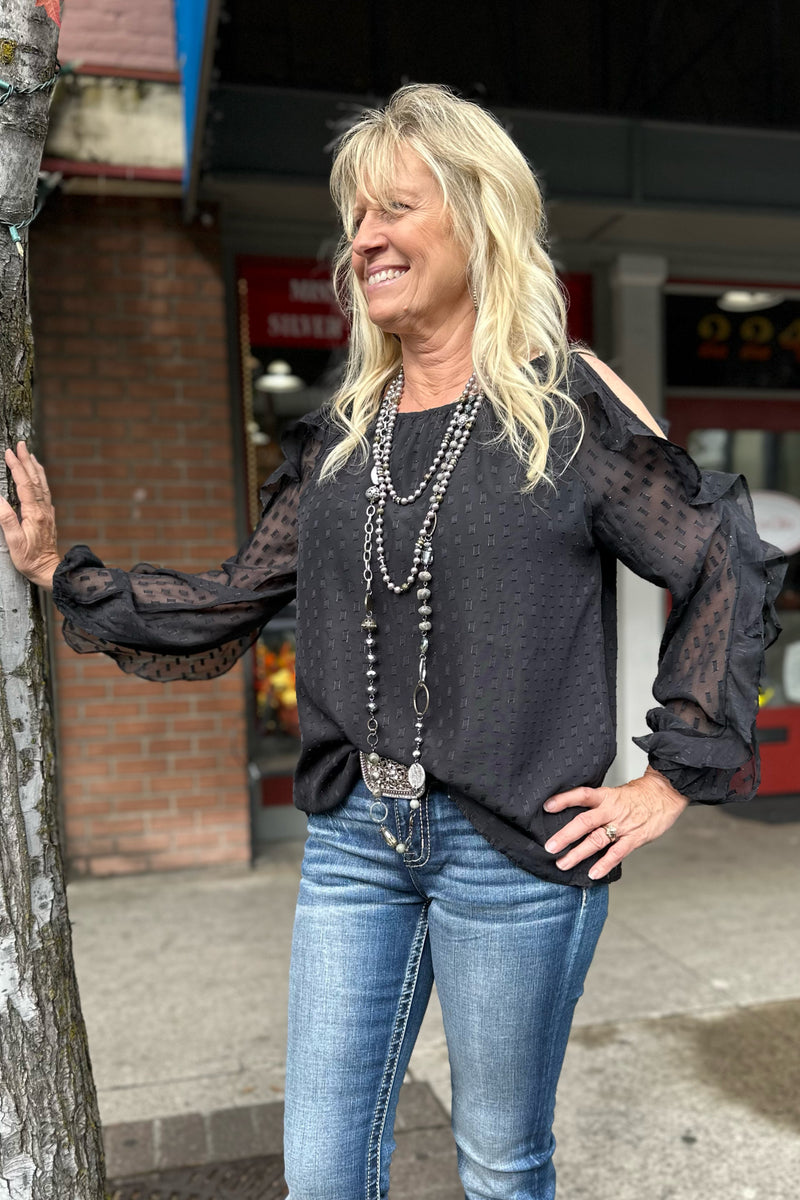 Ruffled Black Cold Shoulder Blouse-top-Allie Rose-Gallop 'n Glitz- Women's Western Wear Boutique, Located in Grants Pass, Oregon