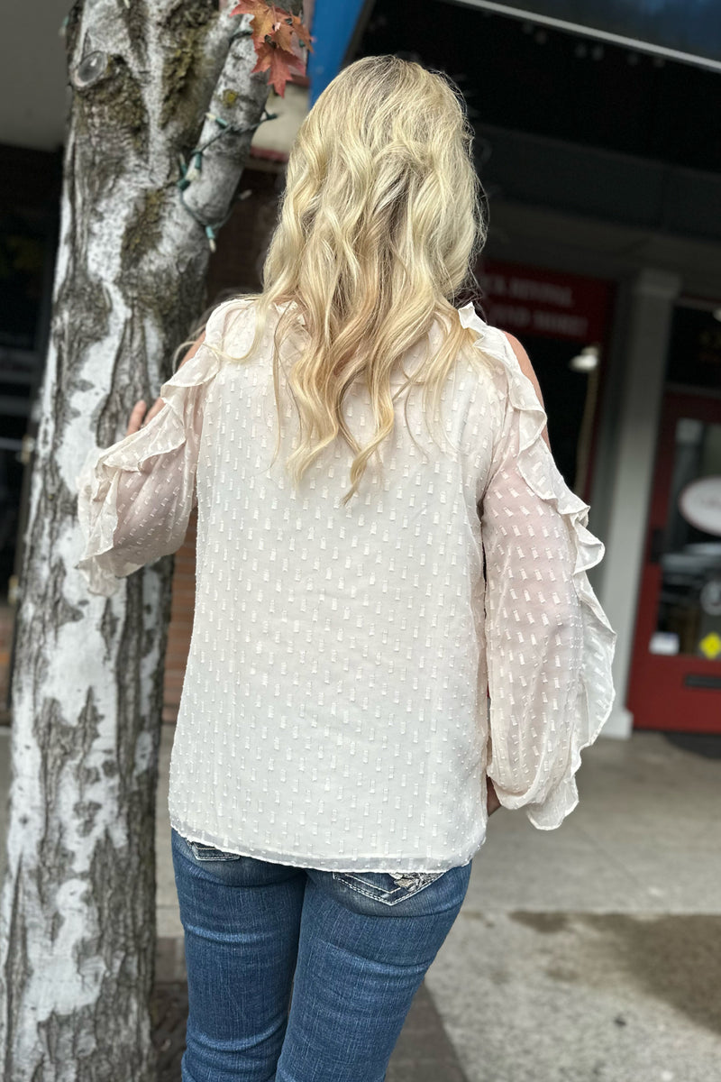 Ruffled Champagne Cold Shoulder Blouse-top-Allie Rose-Gallop 'n Glitz- Women's Western Wear Boutique, Located in Grants Pass, Oregon