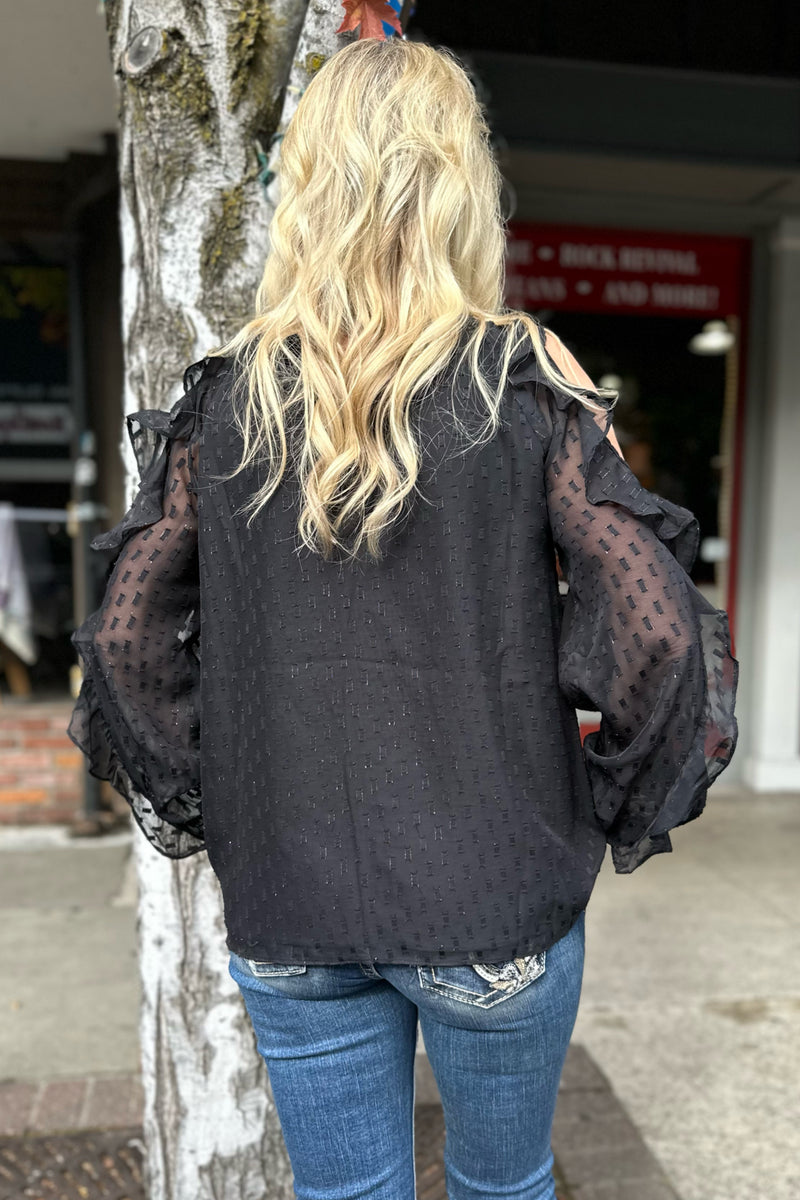 Ruffled Black Cold Shoulder Blouse-top-Allie Rose-Gallop 'n Glitz- Women's Western Wear Boutique, Located in Grants Pass, Oregon