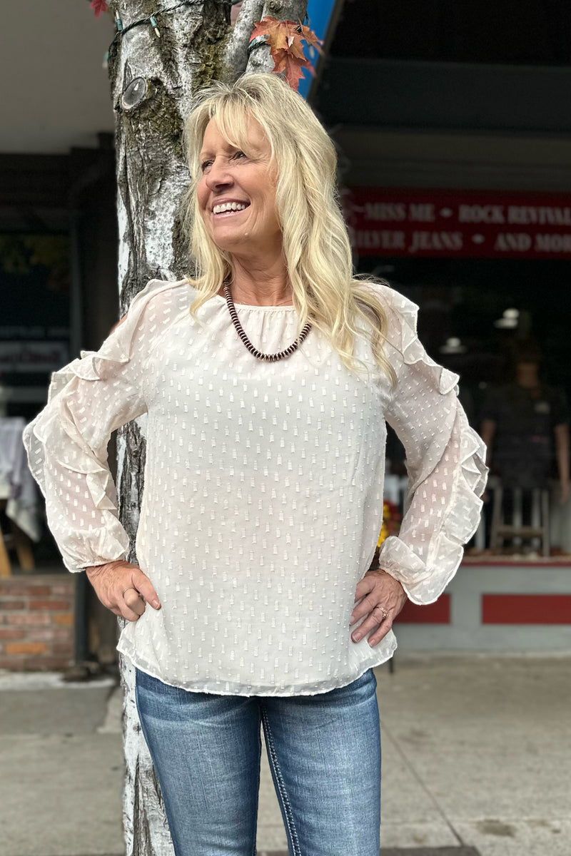 Ruffled Champagne Cold Shoulder Blouse-top-Allie Rose-Gallop 'n Glitz- Women's Western Wear Boutique, Located in Grants Pass, Oregon