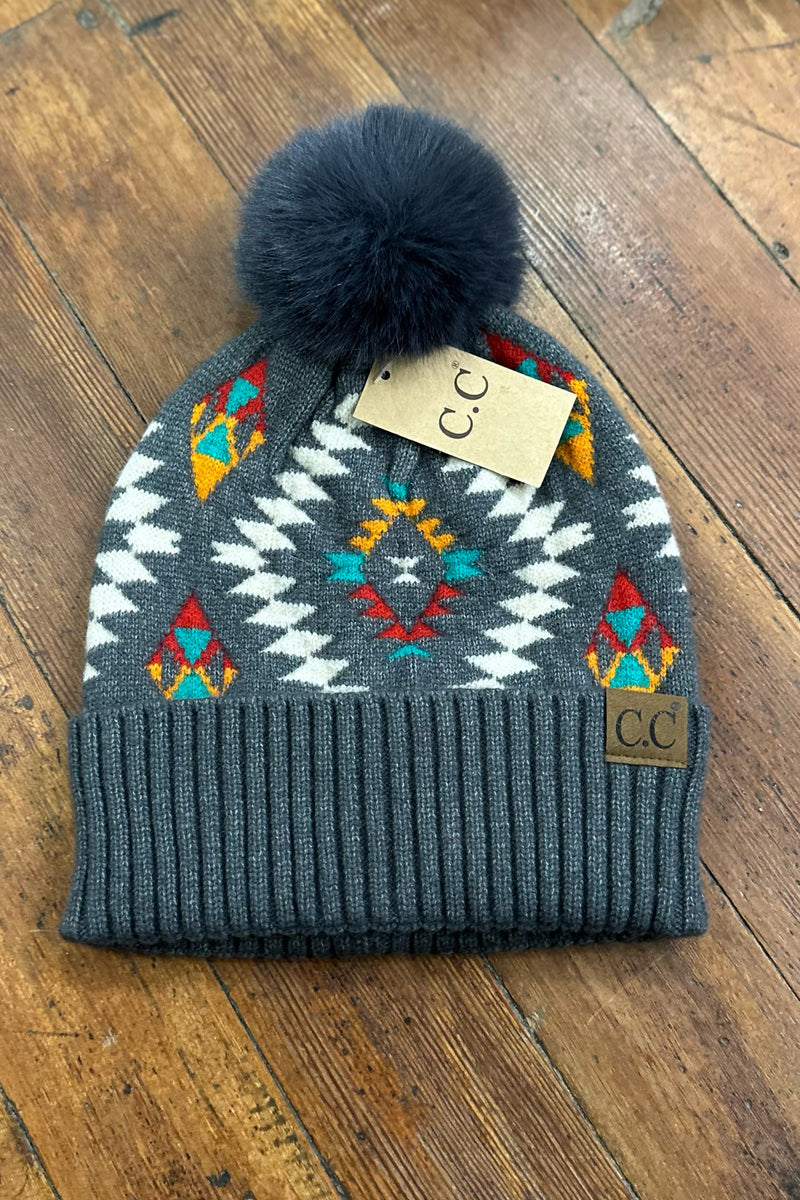 Aztec Patterned Faux Fur Pom Beanie Hat-Beanie/Scarf-C.C. Beanie-Gallop 'n Glitz- Women's Western Wear Boutique, Located in Grants Pass, Oregon