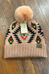 Aztec Patterned Faux Fur Pom Beanie Hat-Beanie/Scarf-C.C. Beanie-Gallop 'n Glitz- Women's Western Wear Boutique, Located in Grants Pass, Oregon