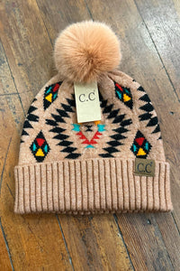 Aztec Patterned Faux Fur Pom Beanie Hat-Beanie/Scarf-C.C. Beanie-Gallop 'n Glitz- Women's Western Wear Boutique, Located in Grants Pass, Oregon