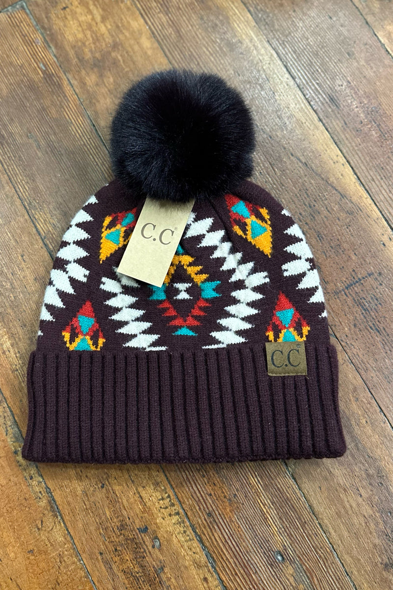 Aztec Patterned Faux Fur Pom Beanie Hat-Beanie/Scarf-C.C. Beanie-Gallop 'n Glitz- Women's Western Wear Boutique, Located in Grants Pass, Oregon