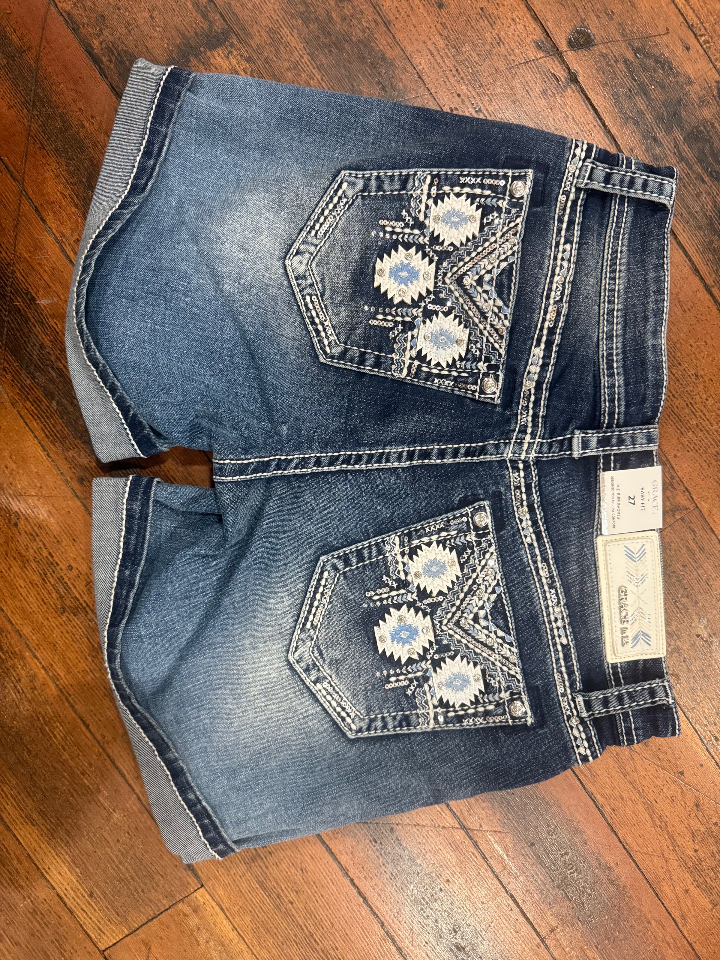 Embroidered Aztec Easy Fit Denim Shorts by Grace in LA