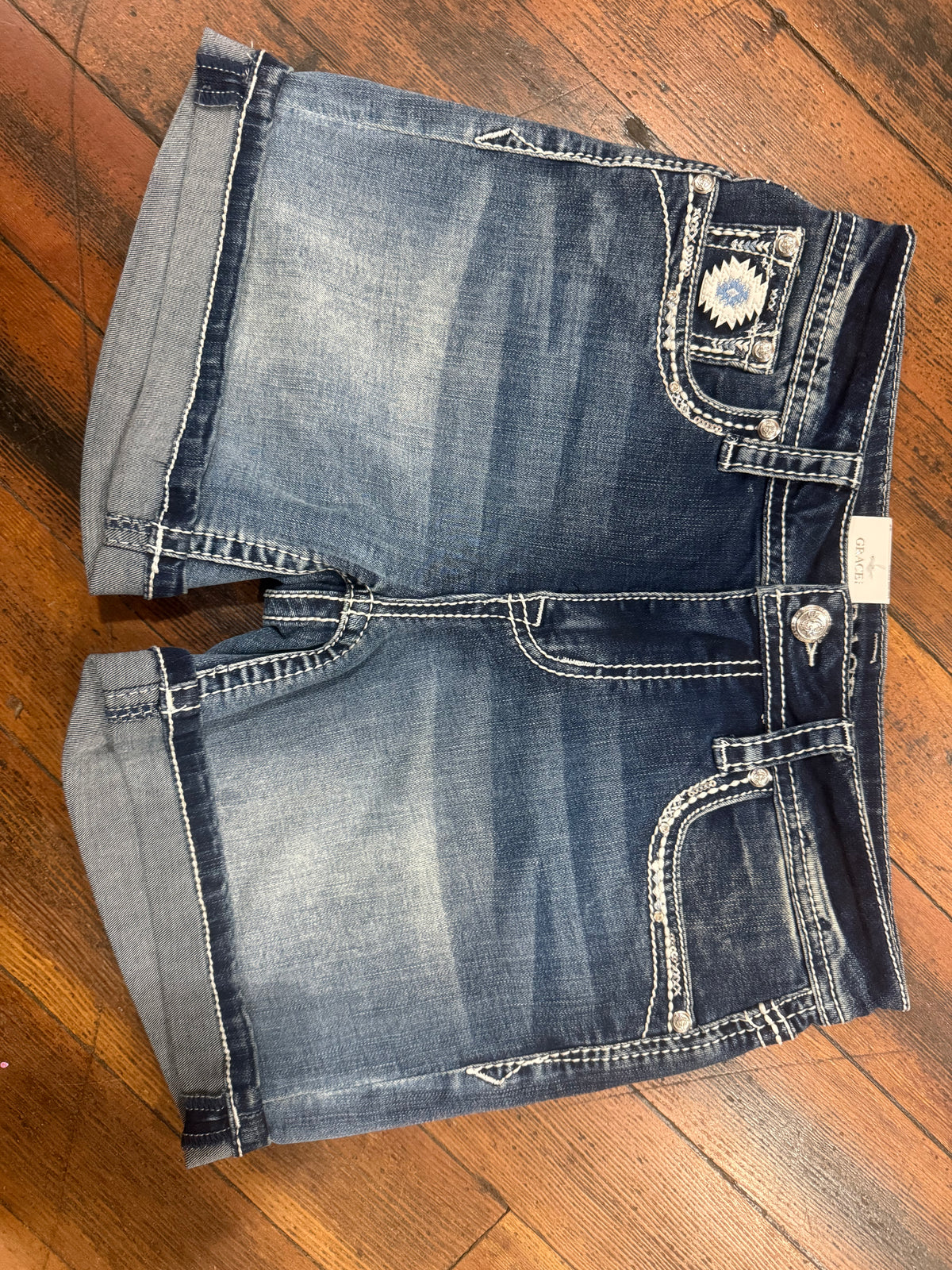 Embroidered Aztec Easy Fit Denim Shorts by Grace in LA