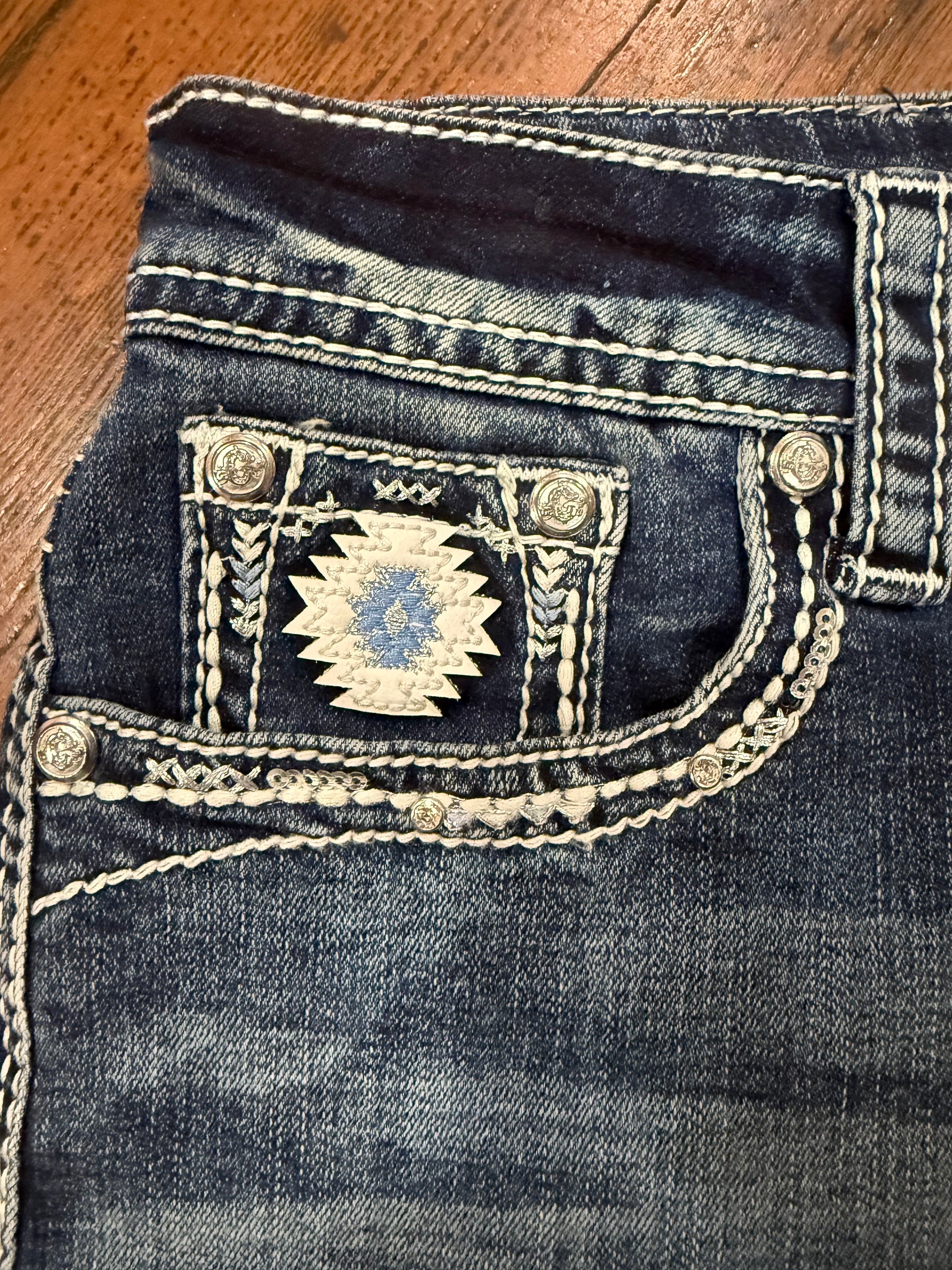 Embroidered Aztec Easy Fit Denim Shorts by Grace in LA