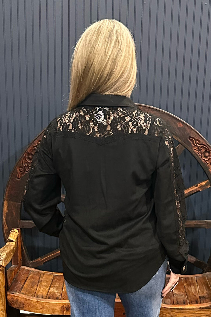 Faux Suede 'N Lace Black Button Up-Button Up-Vocal-Gallop 'n Glitz- Women's Western Wear Boutique, Located in Grants Pass, Oregon