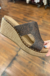 KISS N TELL Chocolate Embossed Wedges By Corkys-Women's Shoes-Corkys-Gallop 'n Glitz- Women's Western Wear Boutique, Located in Grants Pass, Oregon