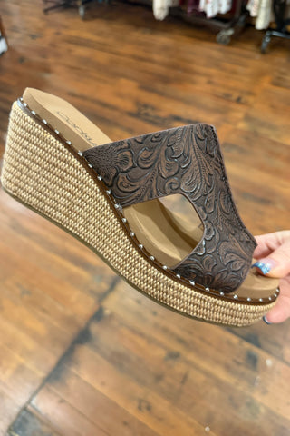 KISS N TELL Chocolate Embossed Wedges By Corkys-Women's Shoes-Corkys-Gallop 'n Glitz- Women's Western Wear Boutique, Located in Grants Pass, Oregon